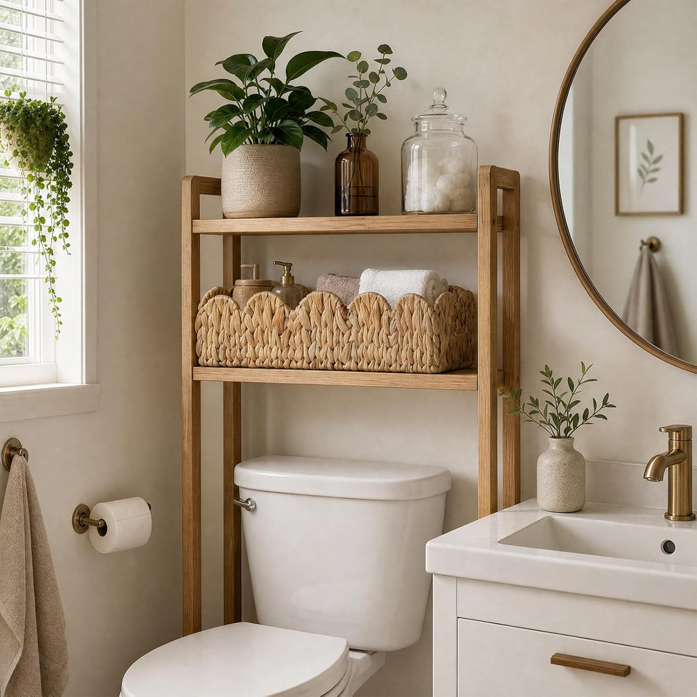 2 Pack Scalloped Water Hyacinth Toilet Paper Storage Basket with Handle