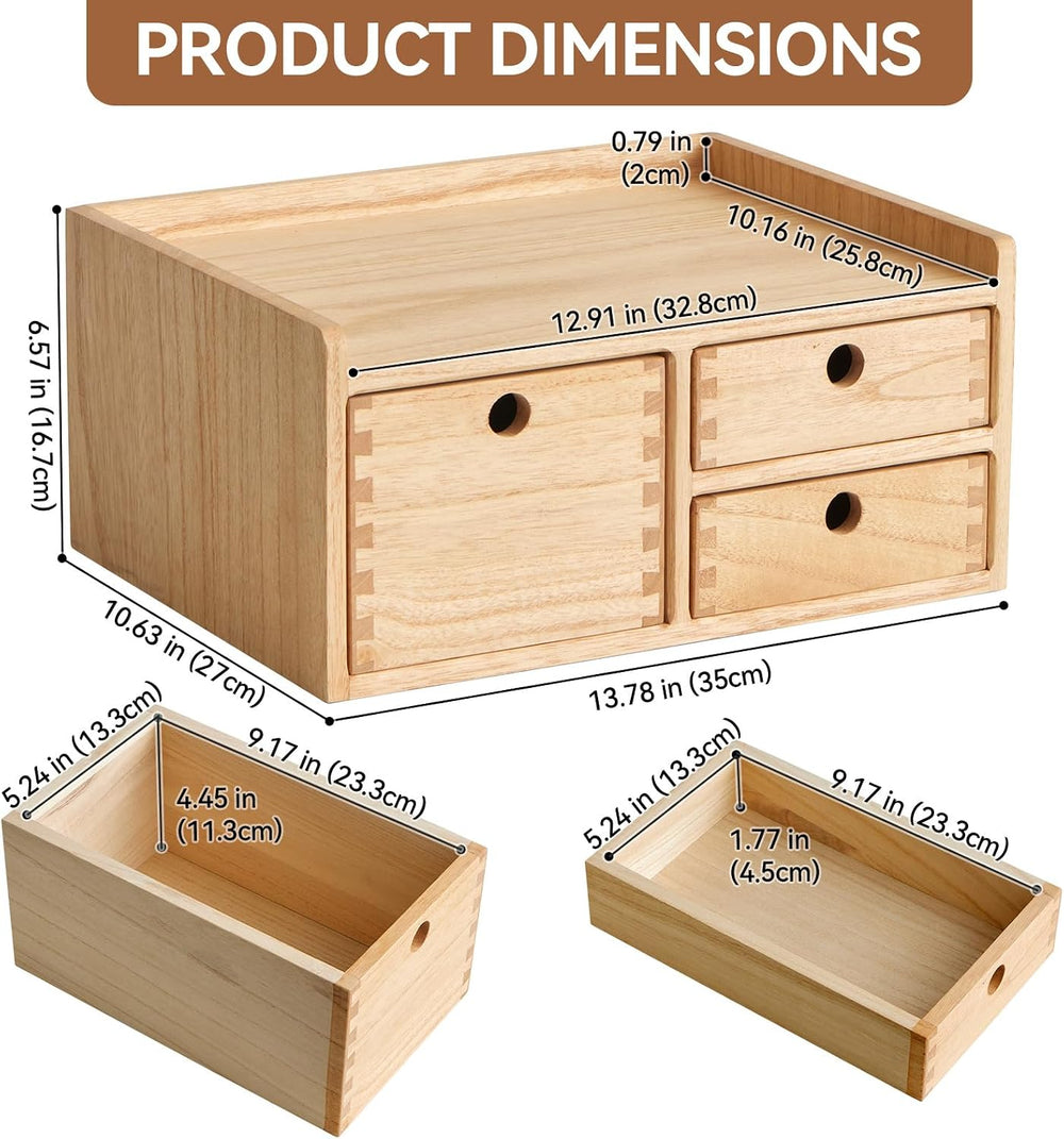 KIRIGEN Wooden Desk Organizer with 3 Drawers and Top Tray Natural DT1D3C-NA