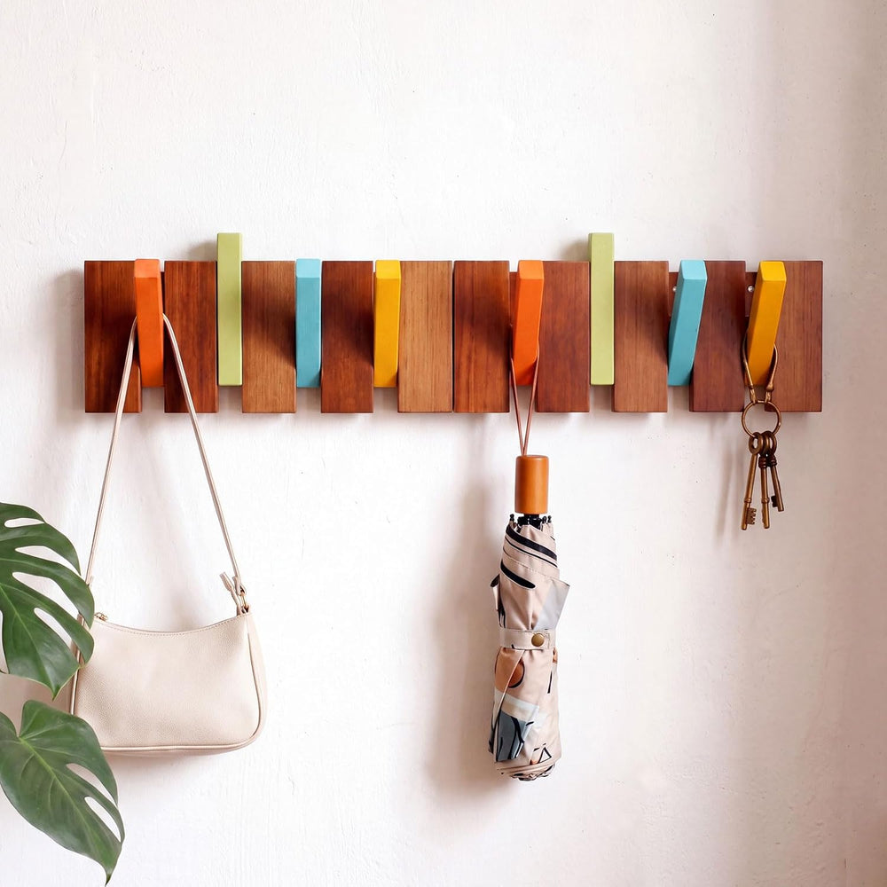 Youyole 2 Pcs 4 Hook Wooden Coat Hooks Wall Mounted Mid Century Modern Foldin...