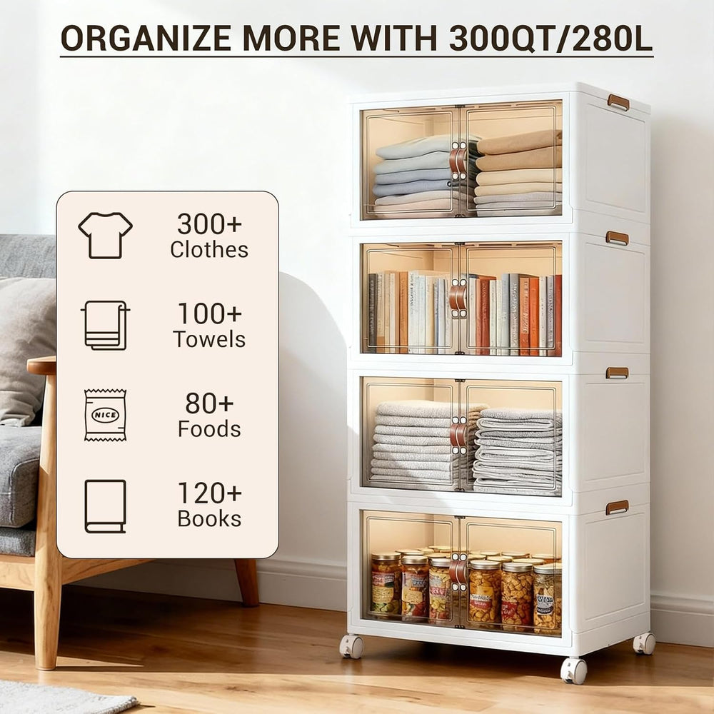 White 320 QT Large Stackable Storage Cabinet, 4-Tier Collapsible Storage Bins...