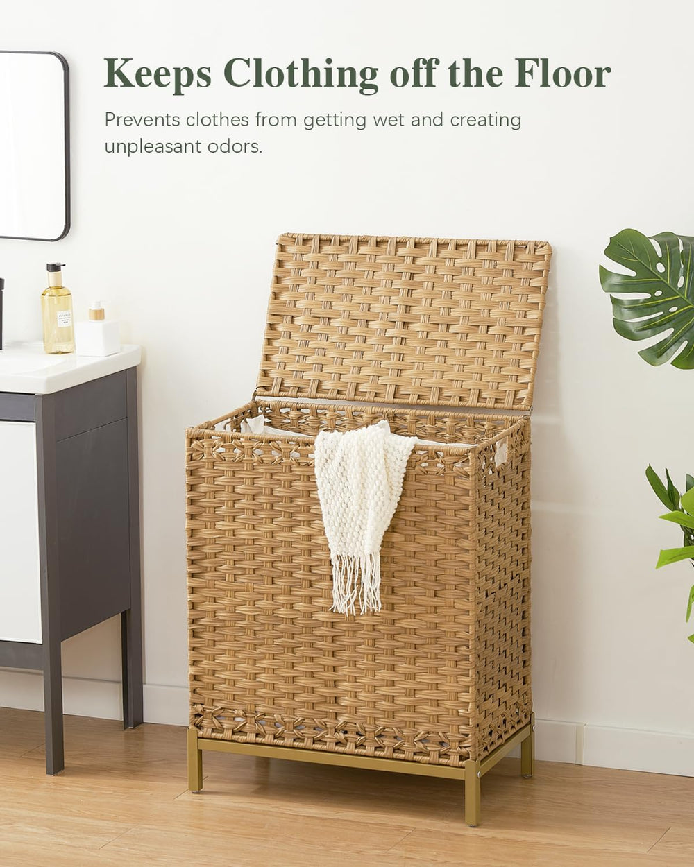 Laundry Hamper with Lid, 112 L Handwoven Rattan Wicker Laundry Basket, 2 Remo...