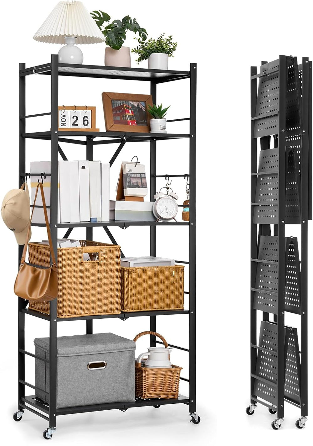 VEVOR 5-Tier Foldable Storage Shelf, 28W x 15D x 64H Inch Folding Metal Rack ...