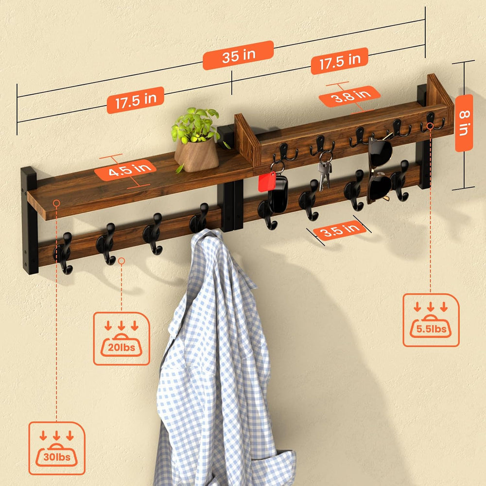 35'' Long Rustic Coat Rack Wall Mount with Shelf, Solid Wood Coat and...