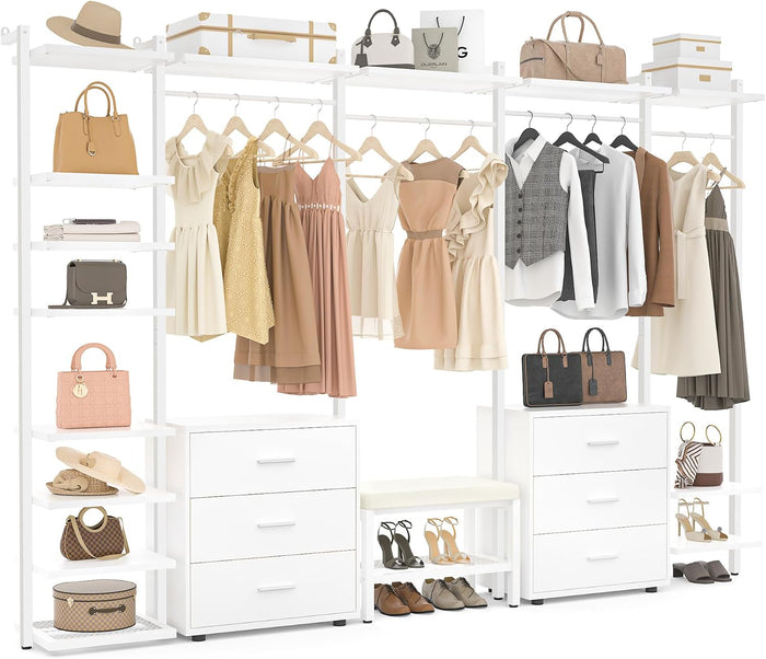 Aheaplus Closet System with 6 Drawers, 8FT Wood Closet Organizer, White