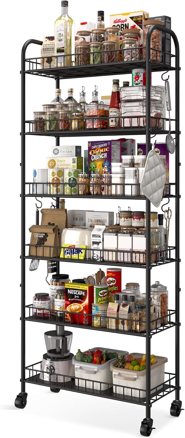 6 Tier Slim Storage Cart with Wheels, Metal Mobile Shelving Unit Organizer Ut...