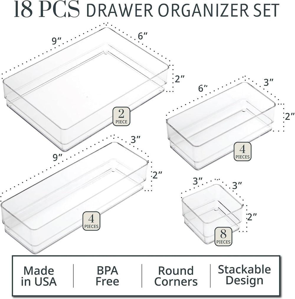 STORi SimpleSort 18-Piece Stackable Clear Drawer Organizer Set | Multi-size T...