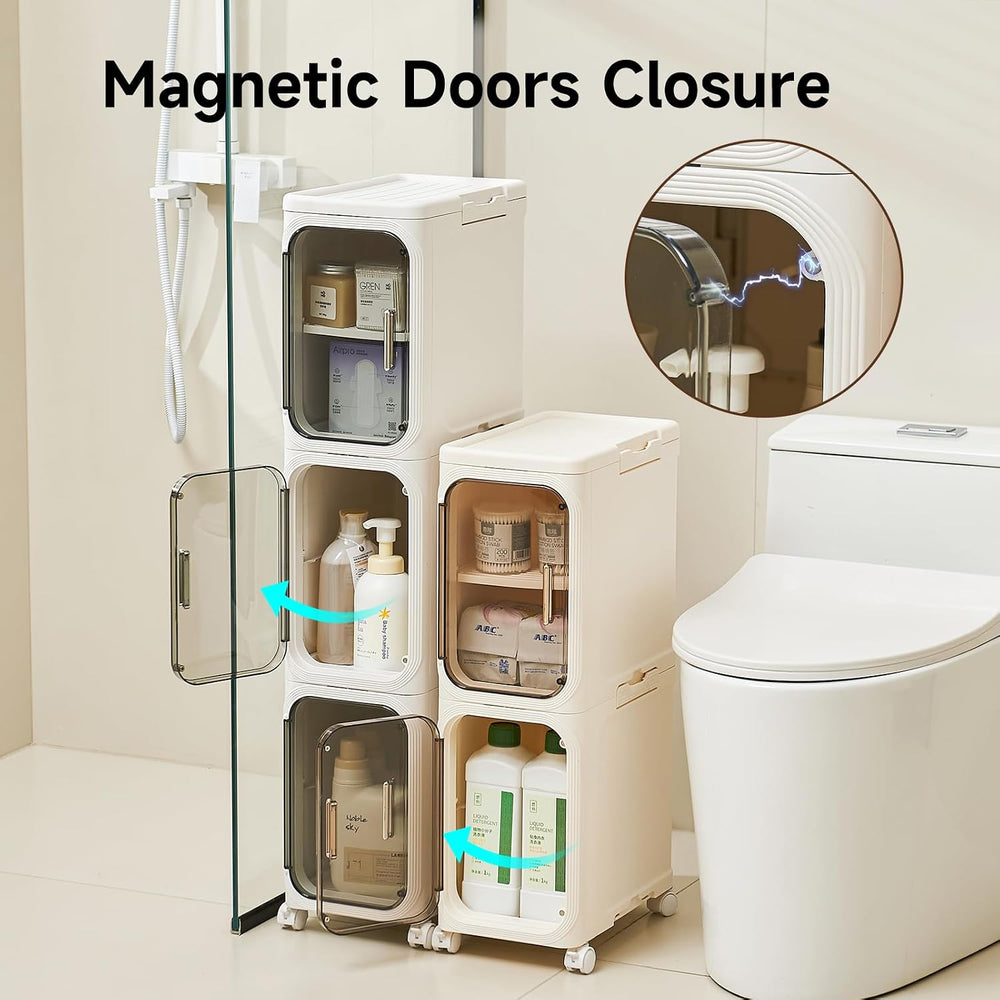 UFORU Tall Narrow Storage Cabinet,Slim Organizer with Magnetic Doors&Wheels