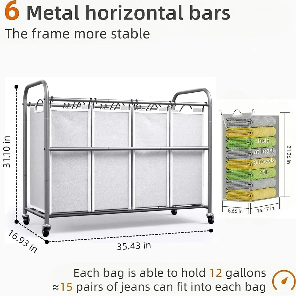ROMOON Laundry Hamper Sorter Cart, 4-Section Organizer with Lockable Wheels