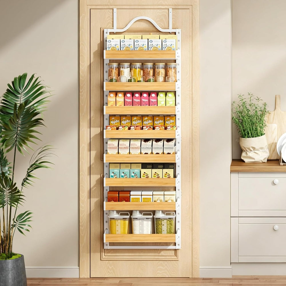 8-Tier Pantry Door Organizer, Over the Door Pantry Organizer with Wooden Adju...