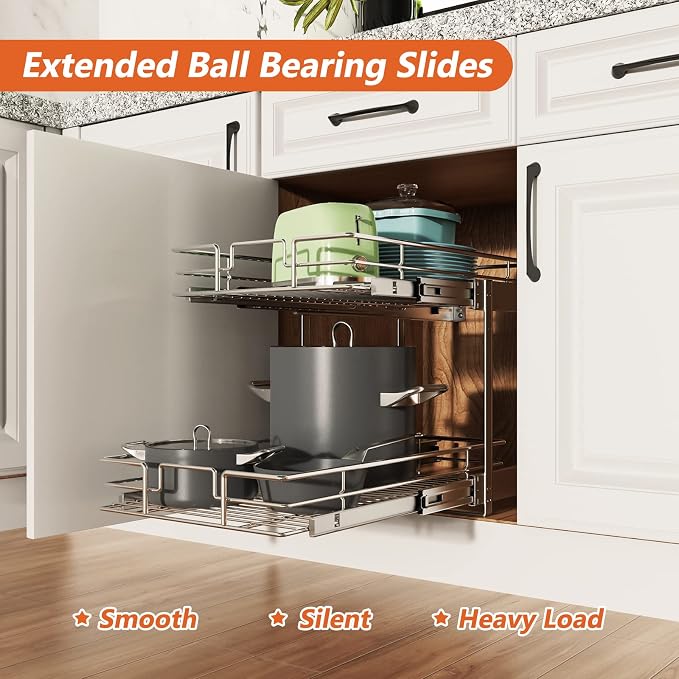 ROOMTEC Individual Pull Out Cabinet Organizer, 2 Tier Spice Rack Organizer
