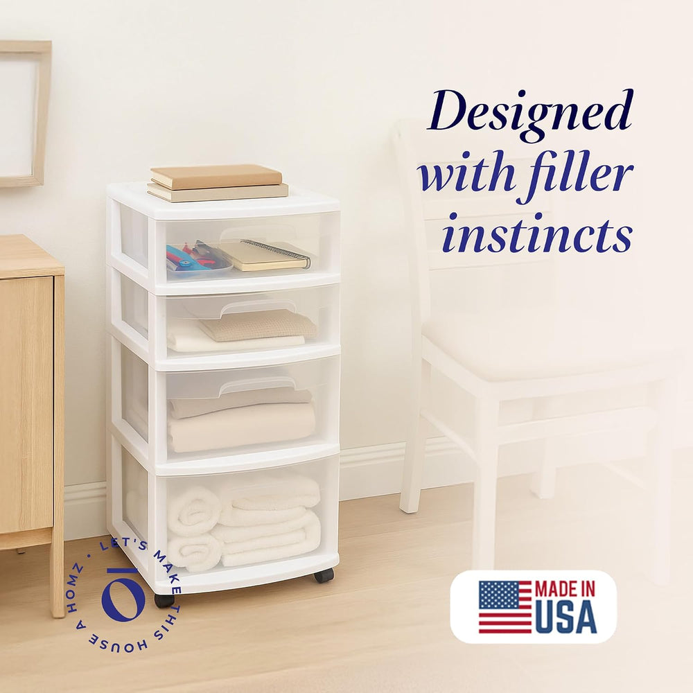 HOMZ Drawer Tower, 4-Tier Storage Cart with Removable Wheels, White Frame