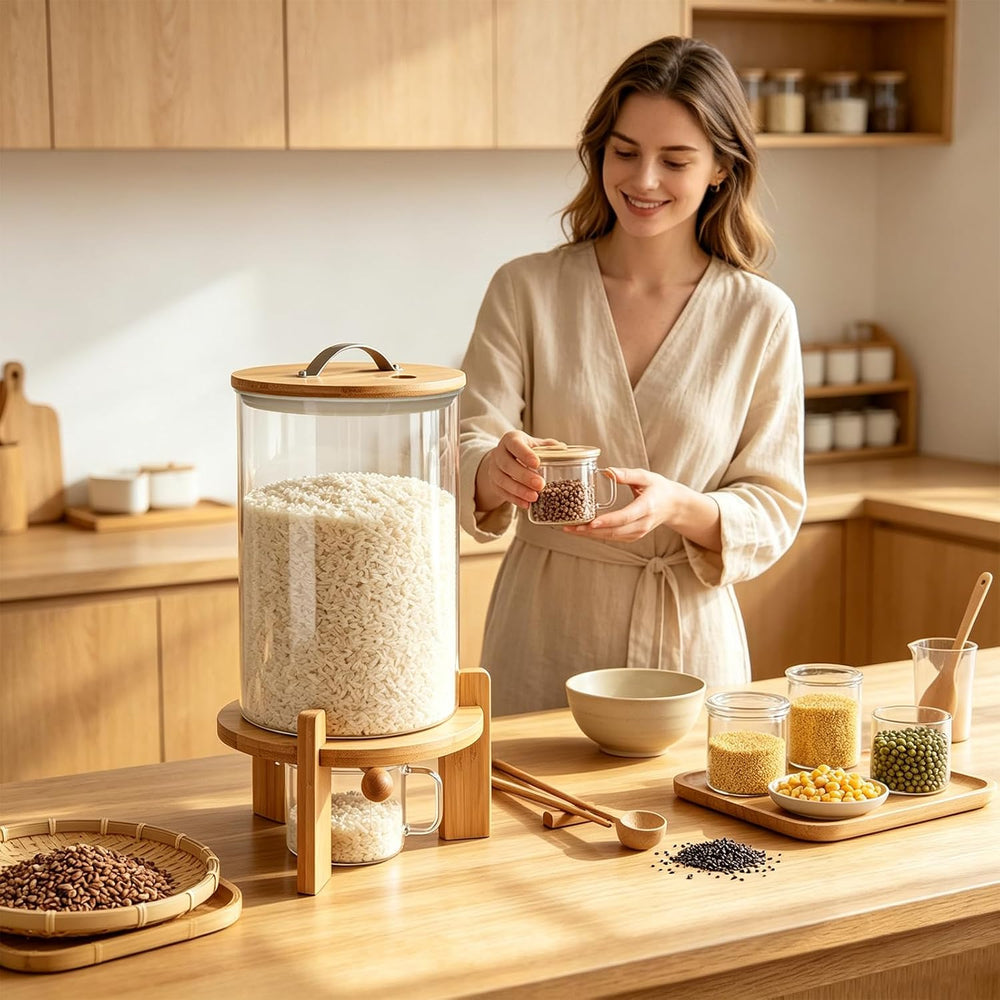 Glass Rice Dispenser,7.5L Countertop Flour Cereal Container w/ Bamboo Stand