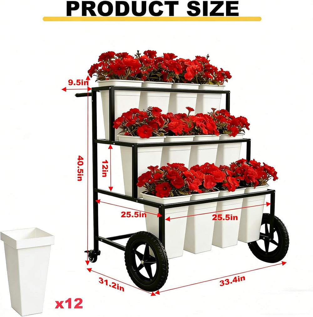 Black 3 Tier Metal Flower Cart Display Stand with Wheels, Mobile