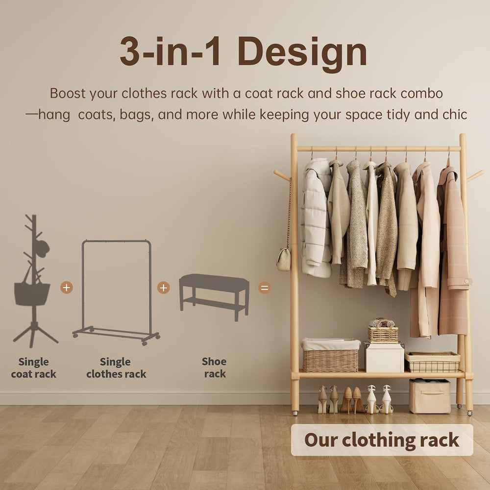 Muwuele Solid Wood Clothing Rack, Rolling Clothes Rack for Hanging Clothes, G...