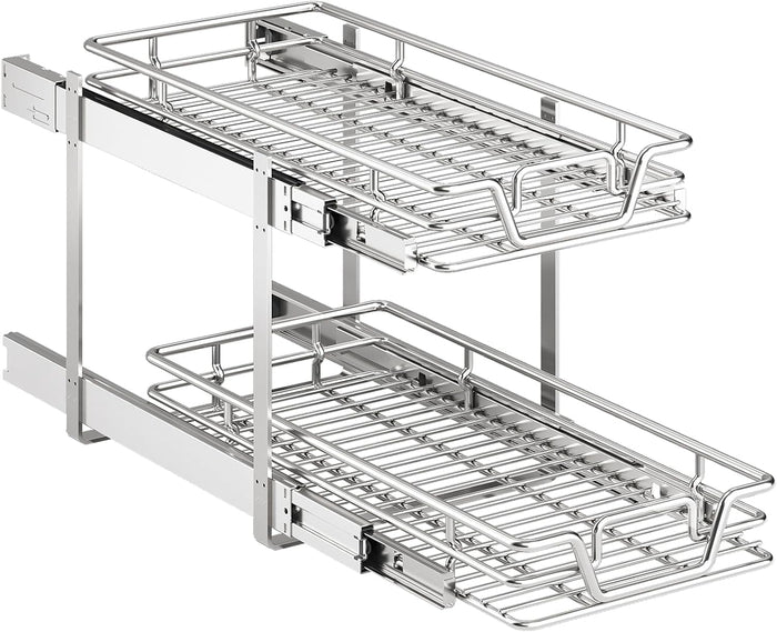 2-Tier Kitchen Cabinet Pull Out Shelf and Drawer Organizer Slide Out Pantry Storaqe Basket in Multiple Sizes (11" W x 18" D)