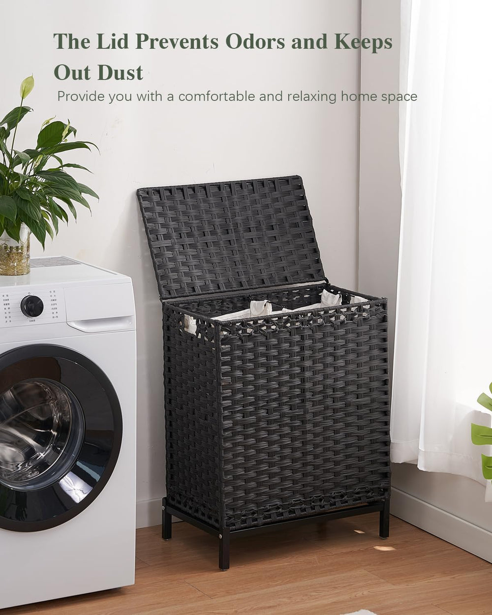 SETVSON Laundry Hamper with Lid, 112 L PE Rattan Woven Bin, Black