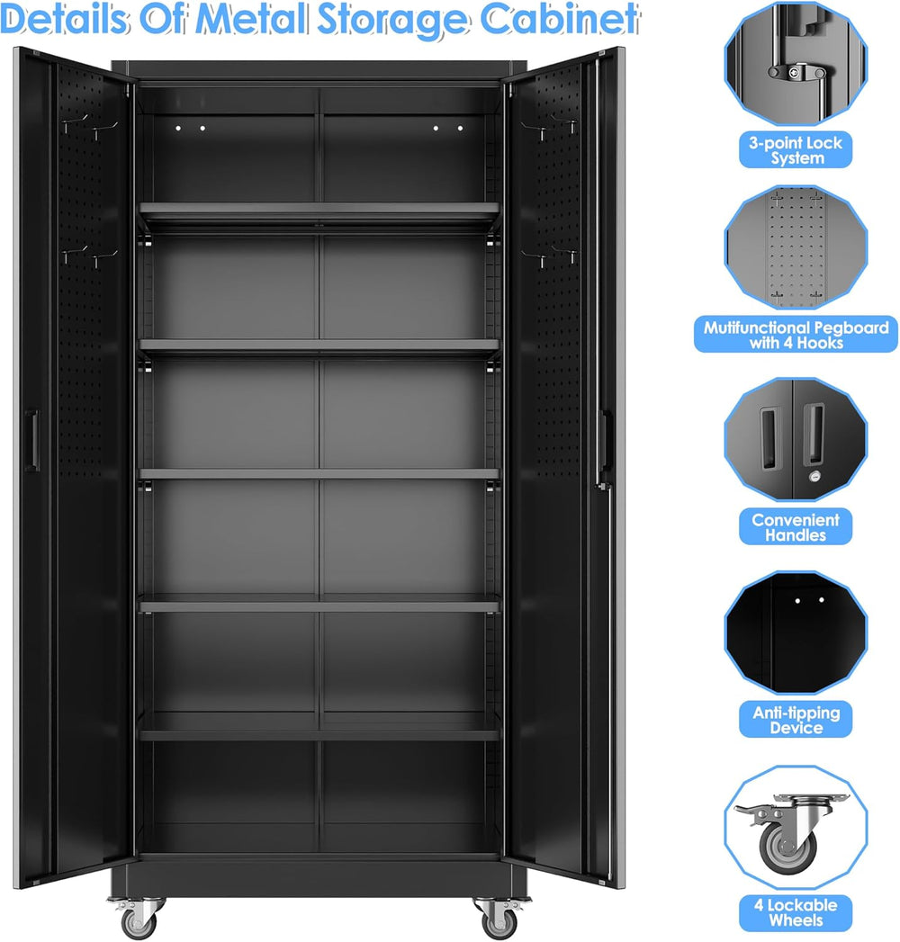 Reemoon Metal Storage Cabinet with Wheels and Pegboard, 71 in, Black