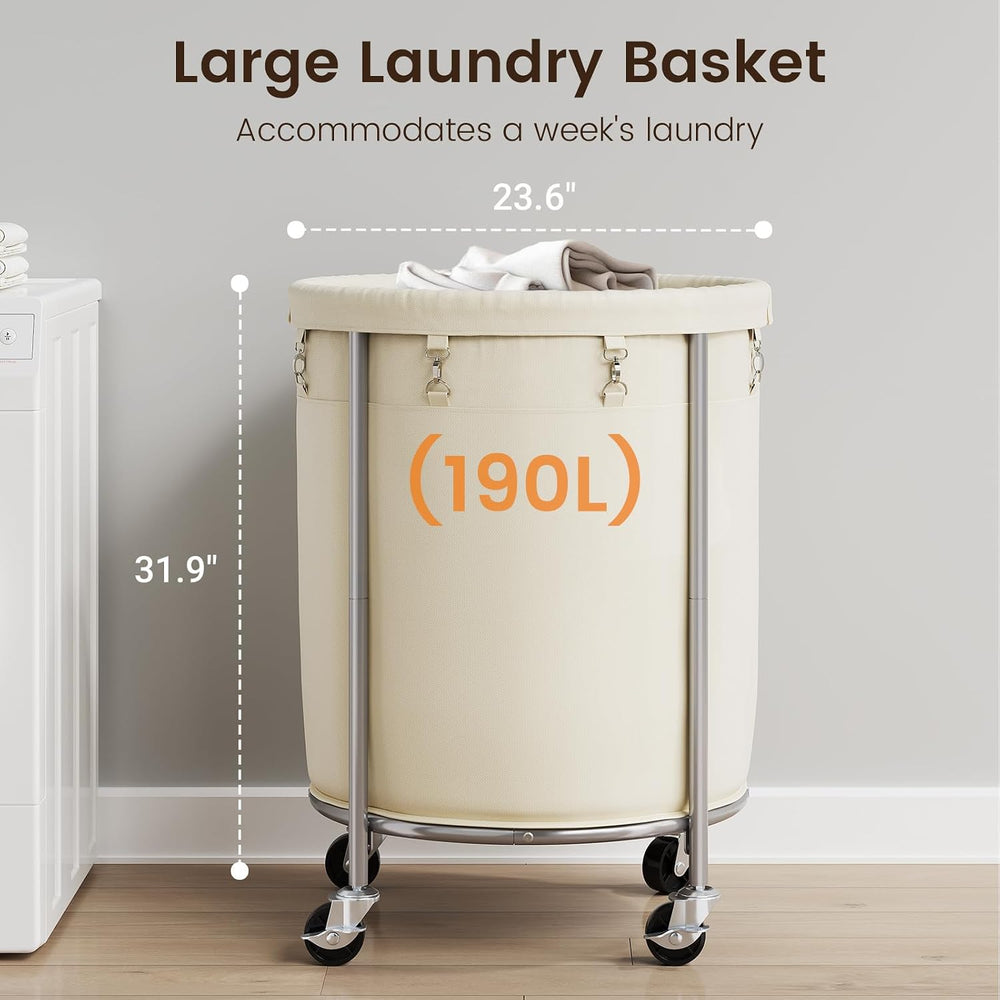 ELYKEN 190L Laundry Basket with Wheels, Steel Frame, Removable Bag, Cream