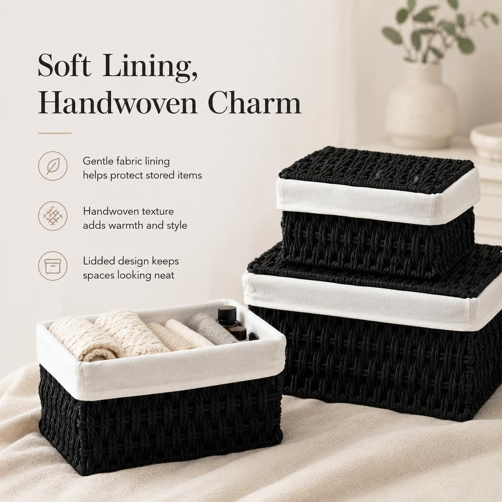 Woven Basket with Lid, Set of 3 Nesting Baskets - Black