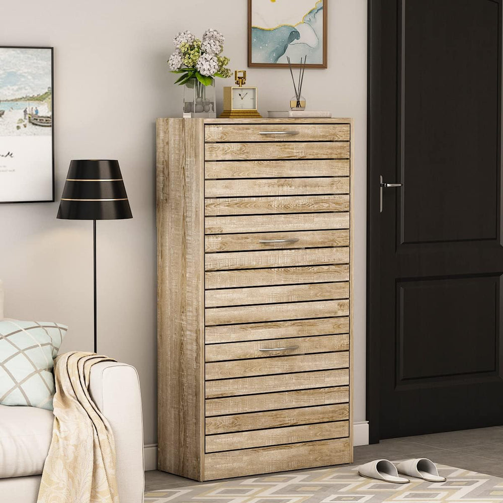 AGOTENI Natural Narrow Shoe Storage Cabinet with 3 Flip Doors & Adjustabl...