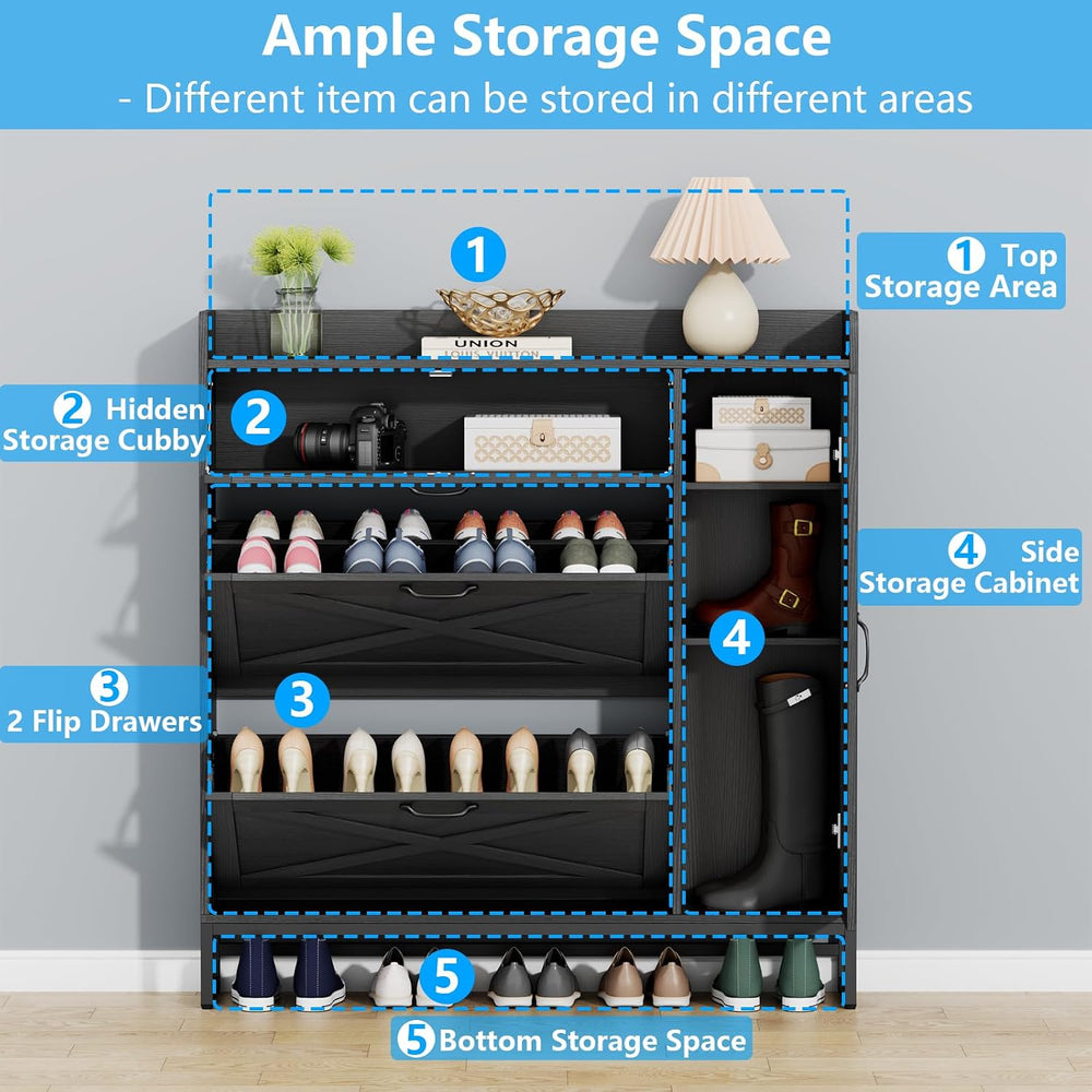 Loomie Farmhouse Flip Drawer Shoe Cabinet, Shoe Organizer with Side Cabinet