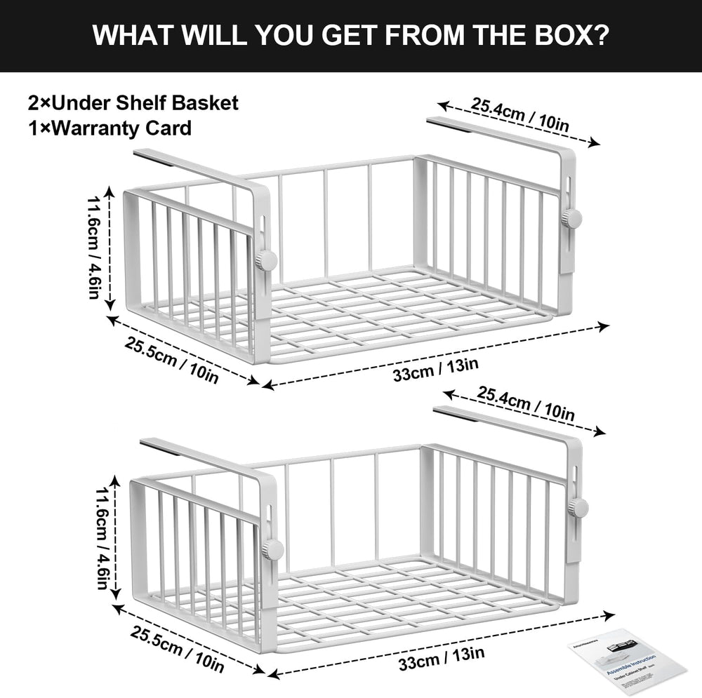 AmonHouseware 2Pack Under Shelf Basket Storage,Adjustable Hanging,White
