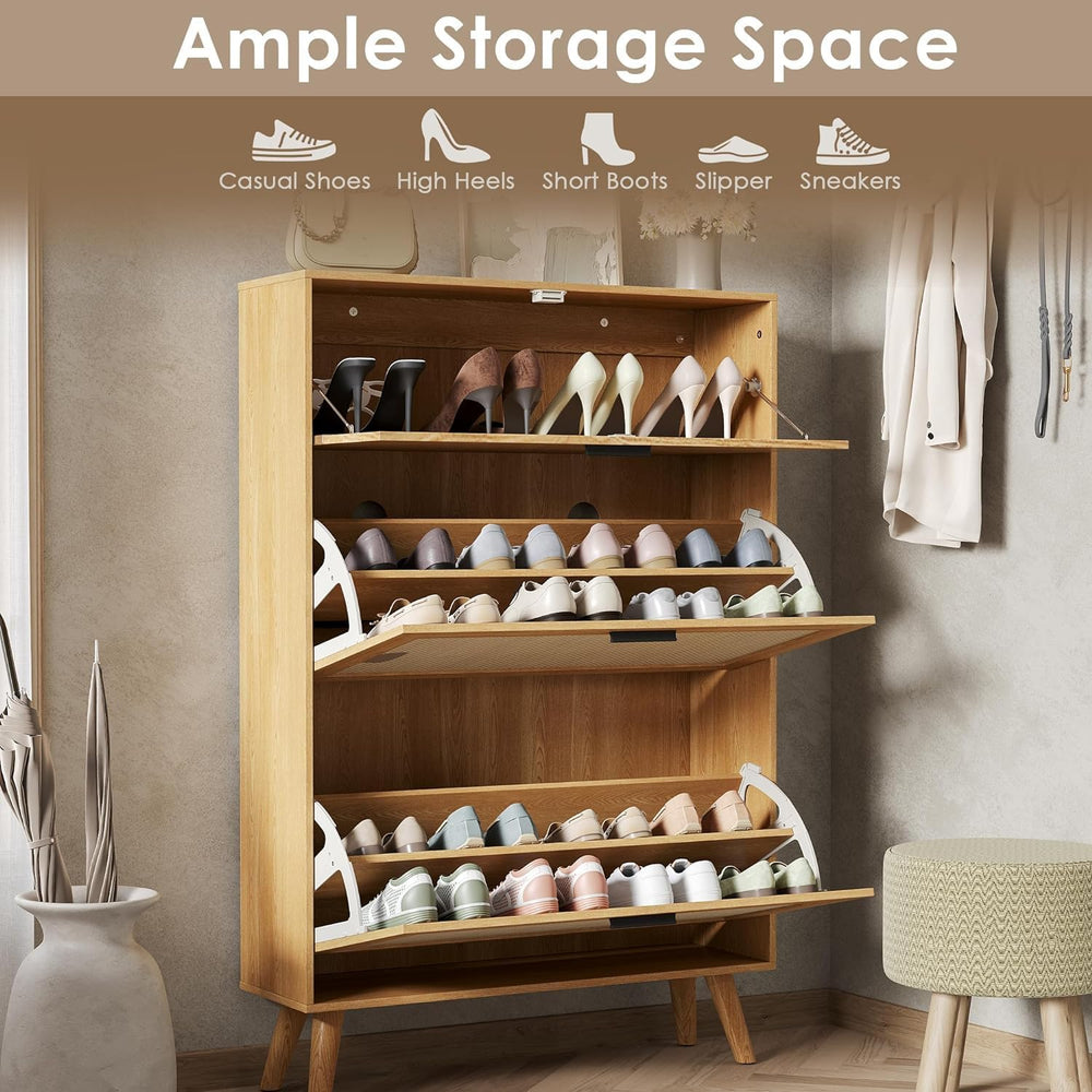 MU Natural Rattan Shoe Cabinet, Entryway Shoe Cabinet with 2 Flip Drawers and...