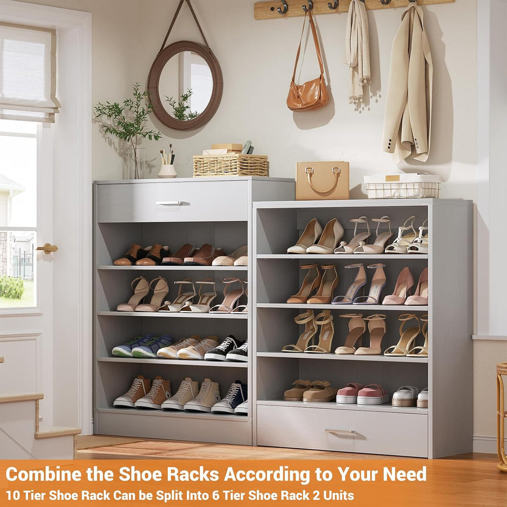 Aheaplus 10 Tiers Tall Shoe Cabinet, 25.6" Wood Sturdy Shoe Rack, Grey