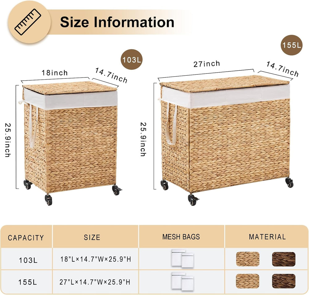 2-Section Laundry Hamper with Lid, Large Capacity Woven Natural Water Hyacint...