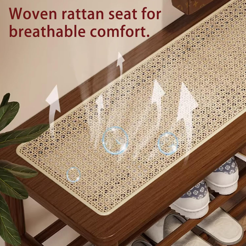 latifolia Shoe Rack Bench, 3-Tier Bamboo Shoe Bench with Breathable Rattan Se...
