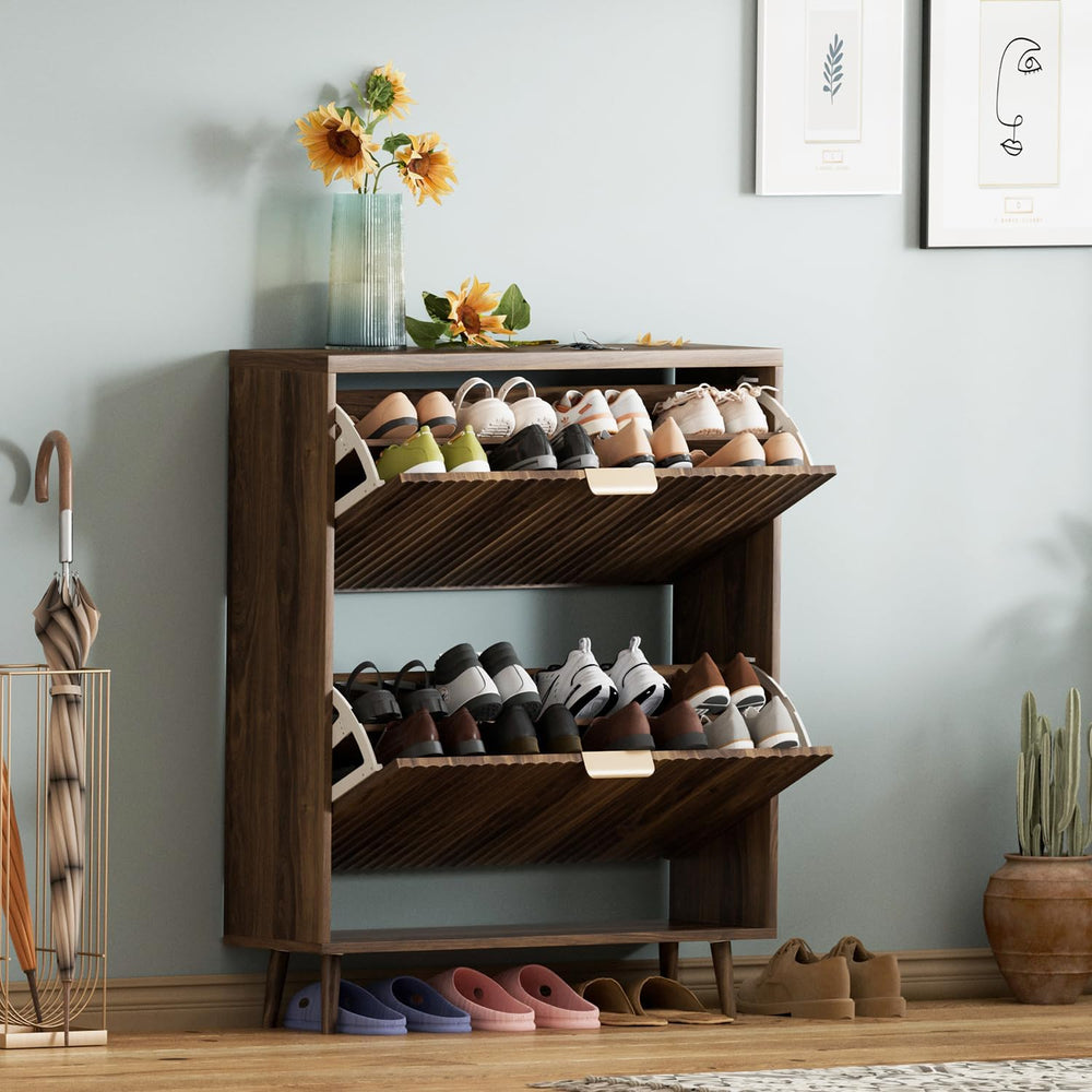 Shoe Cabinet Storage, Modern Freestanding Organizer with 2 Flip Drawers, Narr...