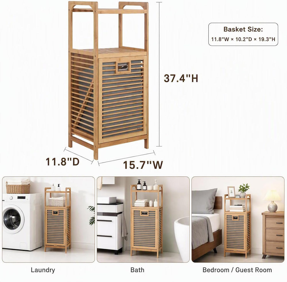 Tilt-Out Laundry Hamper Cabinet, Bamboo Laundry Basket Organizer with Removab...