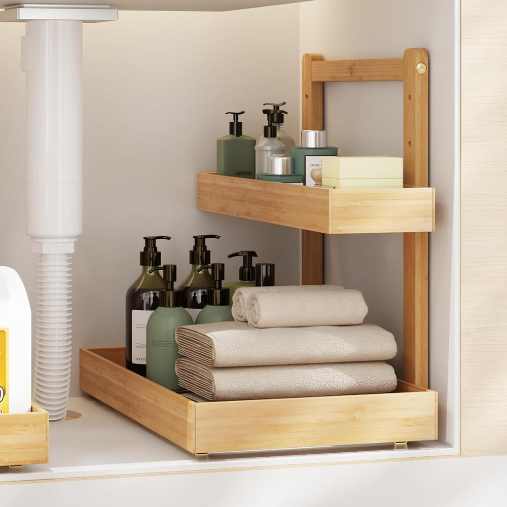 Under Sink Organizer, L-Shaped 2 Tier Pull Out Cabinet Organizer