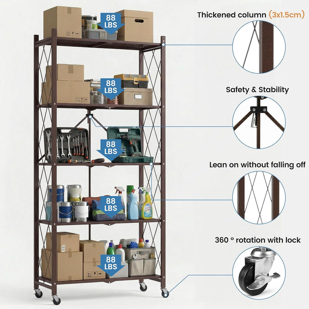 ALANNG 70.7" H Metal Storage Shelves, 5 Tier Folding Shelf on Wheels