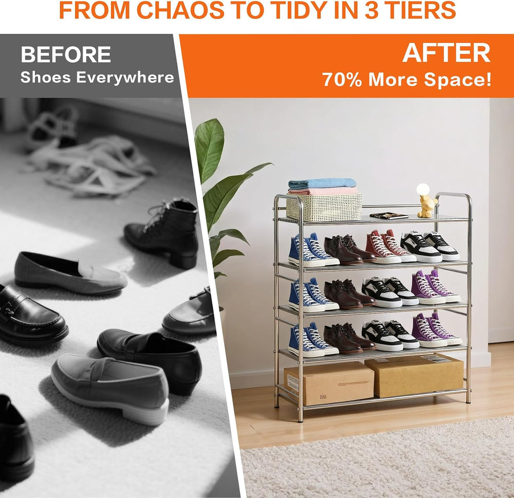 4-Tier Stainless Steel Shoe Rack, Heavy Duty Metal Shoe Organizer for Closet ...