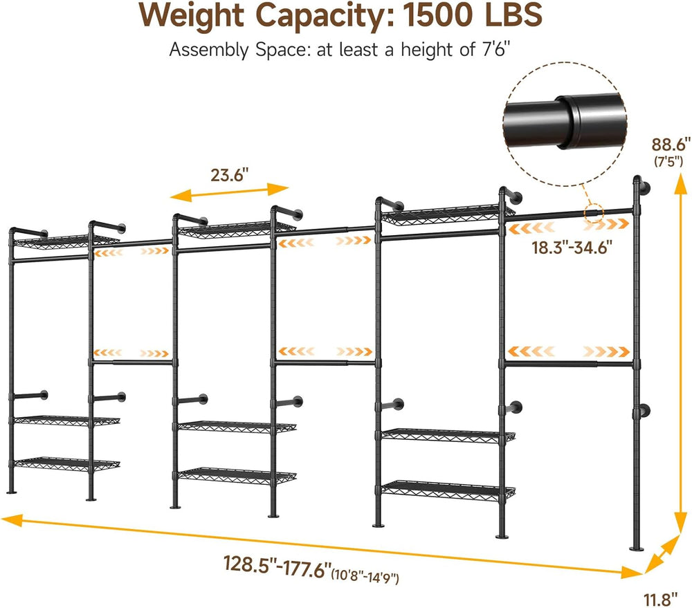 ONBRILL H6 Wall Mounted Closet System, Industrial Pipe Clothes Rack, Black