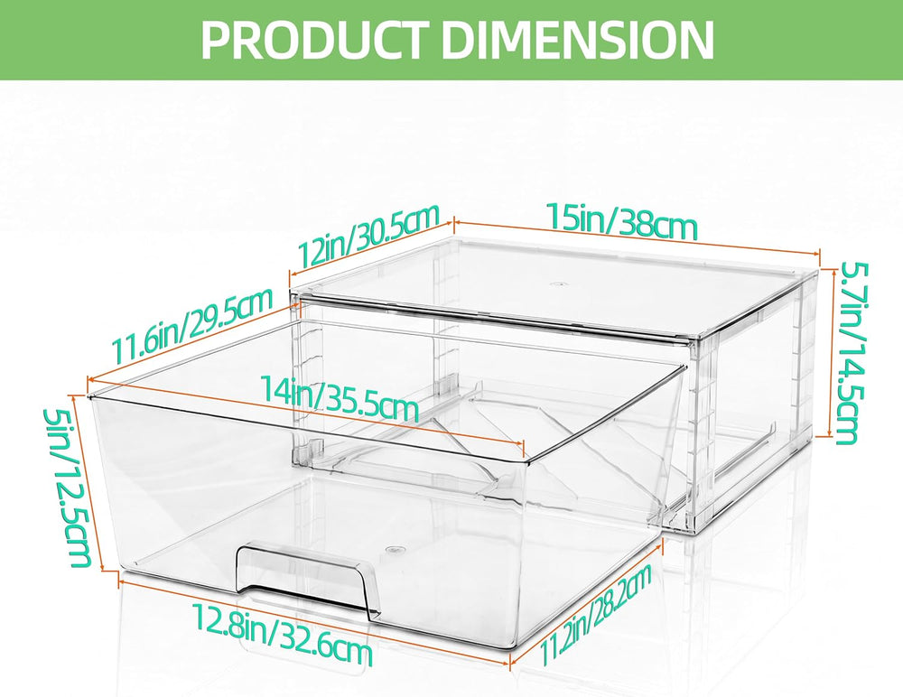 Wide Large Stackable Storage Drawers(2 Pack),Multi-purpose Clear Plastic Orga...