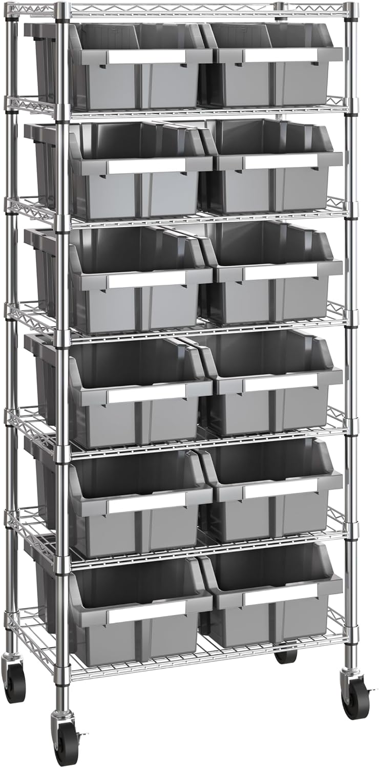7-Tier NSF 12-Bin Steel Wire Shelving Rack, 25"W x 14"D x 56"H...