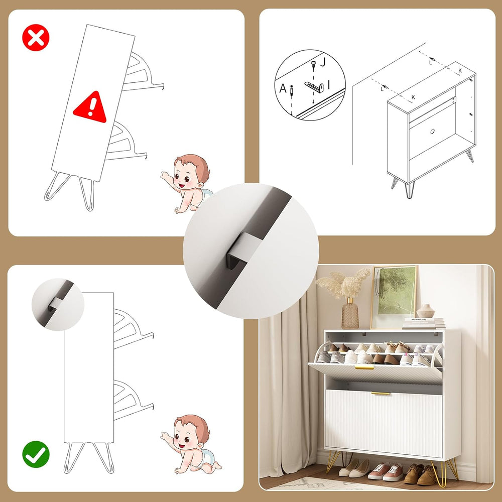 Fluted Shoe Cabinet with 2 Flip Drawers, Gold Handle and Metal Legs, White丨Fl...