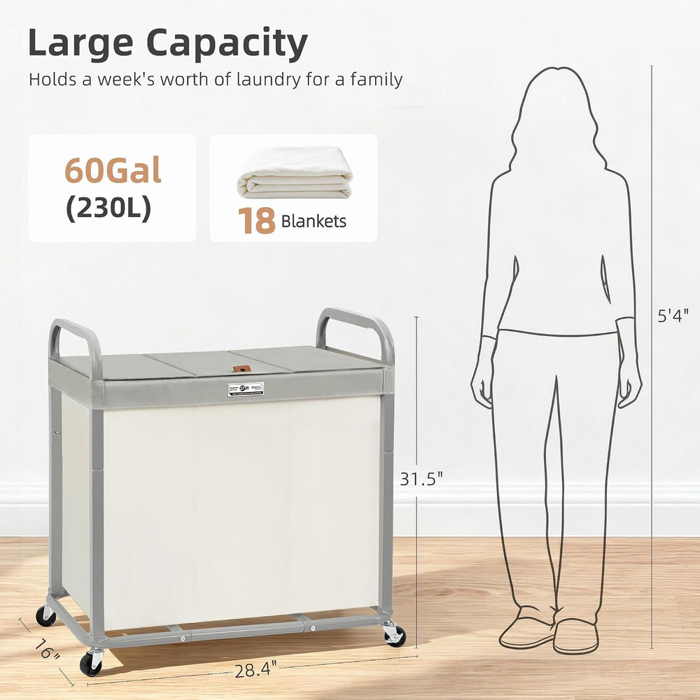 STORAGE MANIAC Laundry Hamper 3 Section with Lid Rolling Laundry Basket