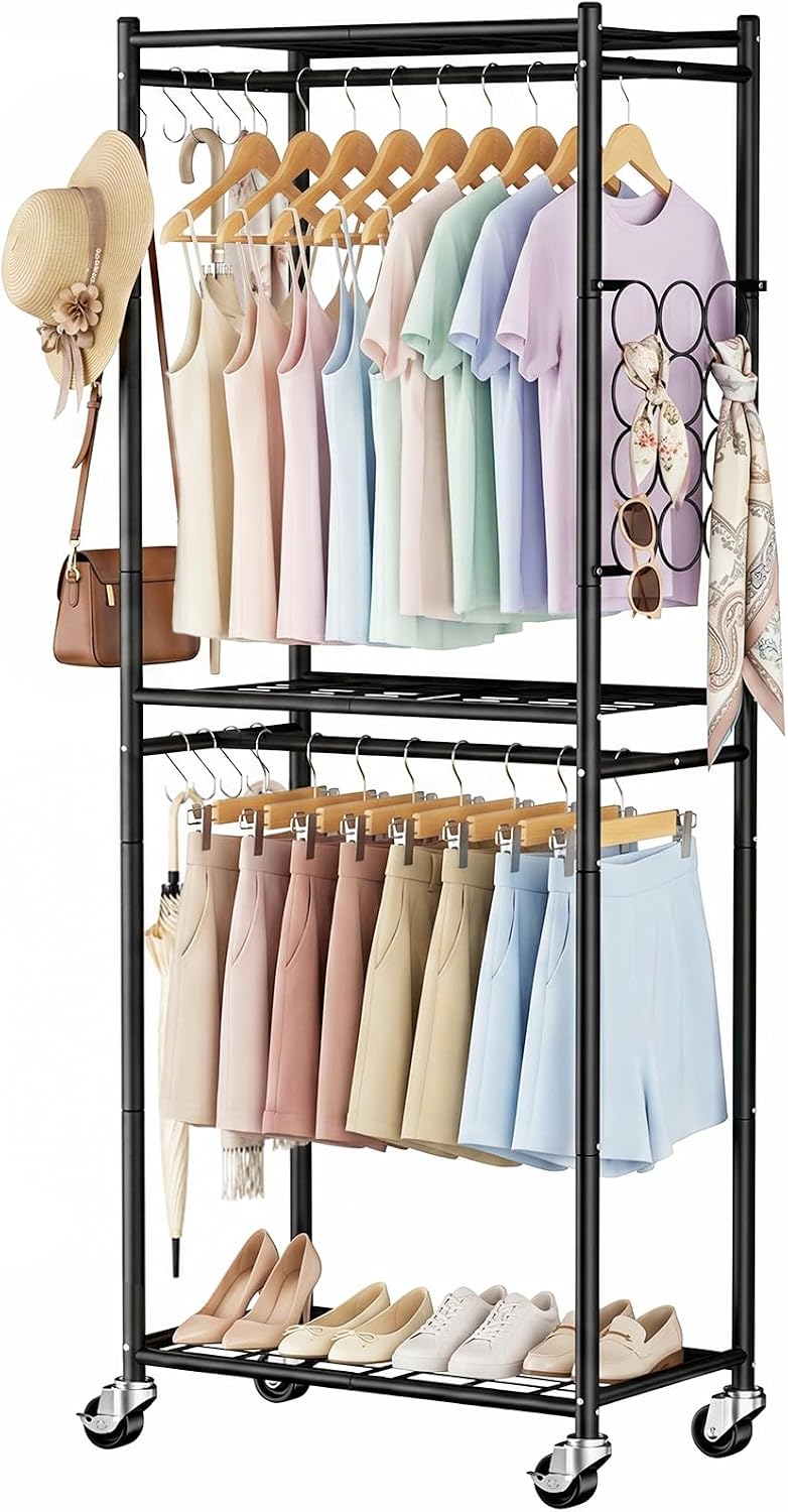 Aduanbang Heavy Duty Rolling Clothes Rack, 3 Tier Wire Shelving, Metal Garmen...