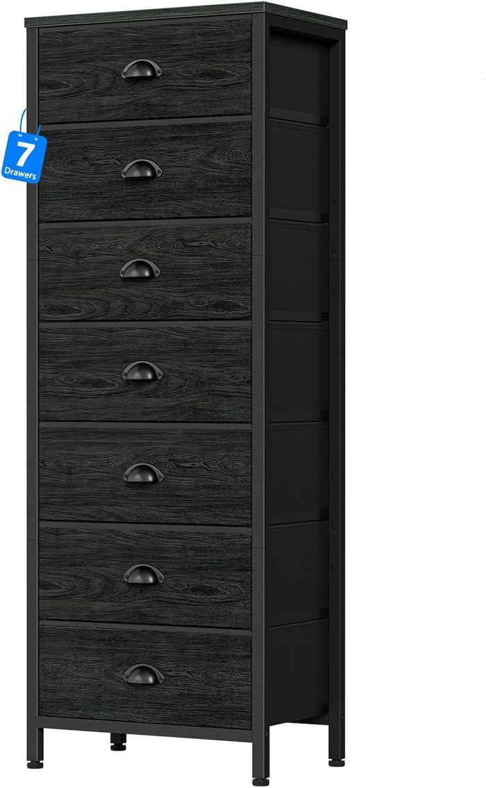 Furnulem Black Bedroom Dresser, Tall Chests of Drawers with 7 Fabric Bins