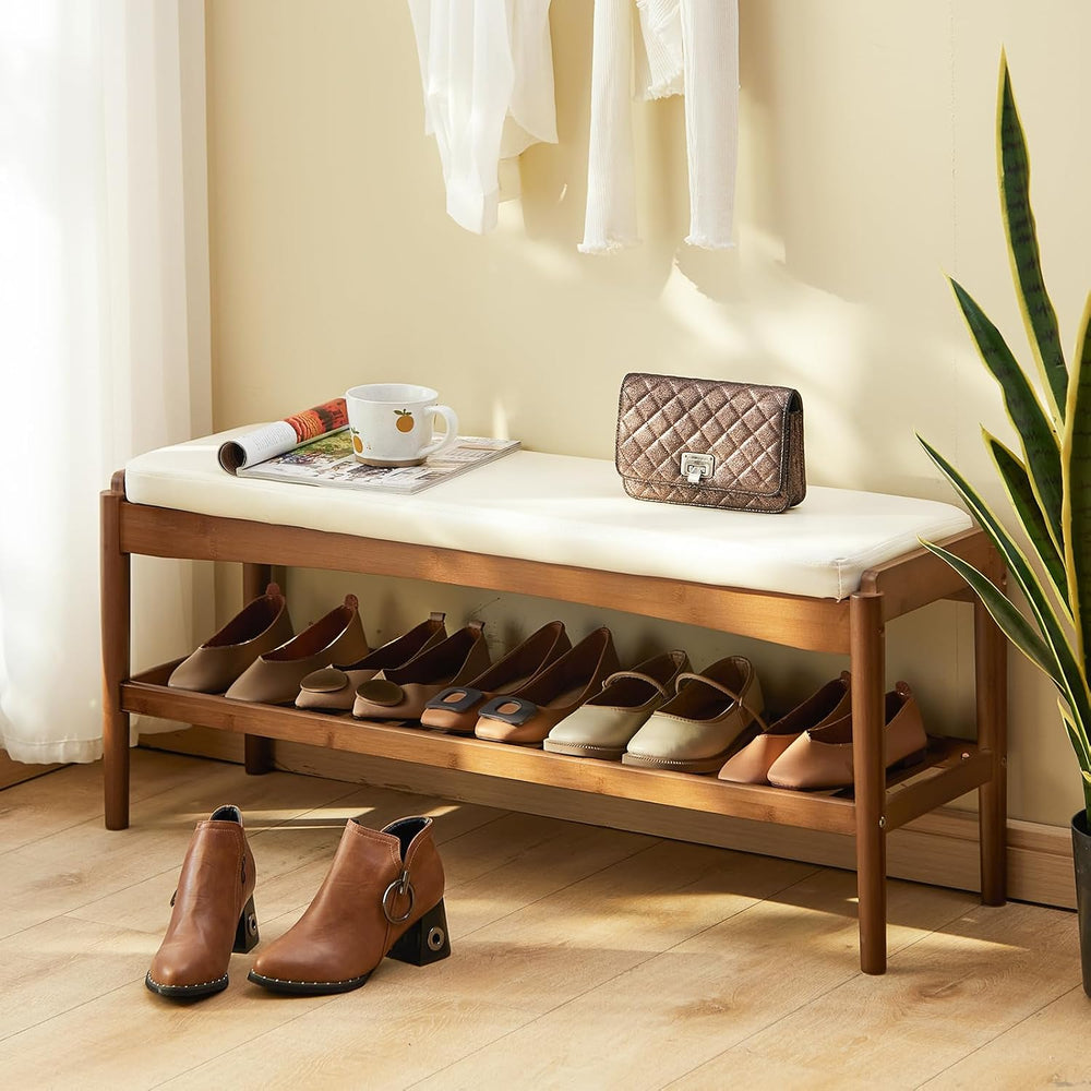 STDDRE Shoe Rack Bench Entryway Bamboo Shoe Storage Bench with Leather Cushio...
