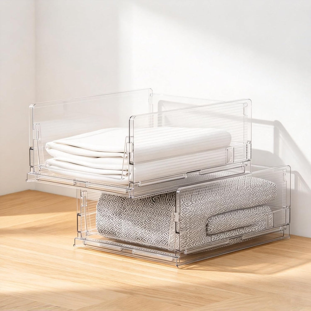2 Pack X-large Clear Stackable Closet Organizer Basket Storage Bin