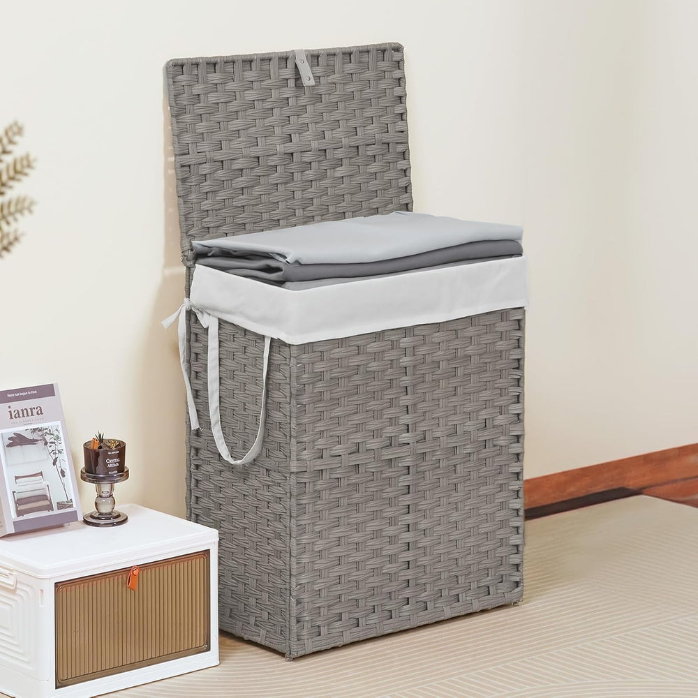 90L Laundry Hamper with Lid, Hand-Woven Pp Rattan Laundry Basket with Compart...