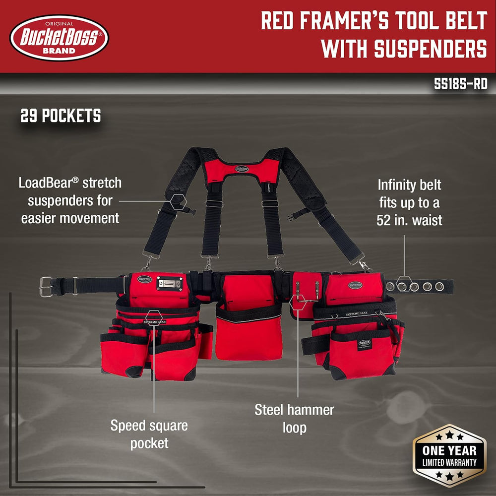 Bucket Boss 3 Tool Bag Tool Belt with Suspenders in Red, 55185-RD