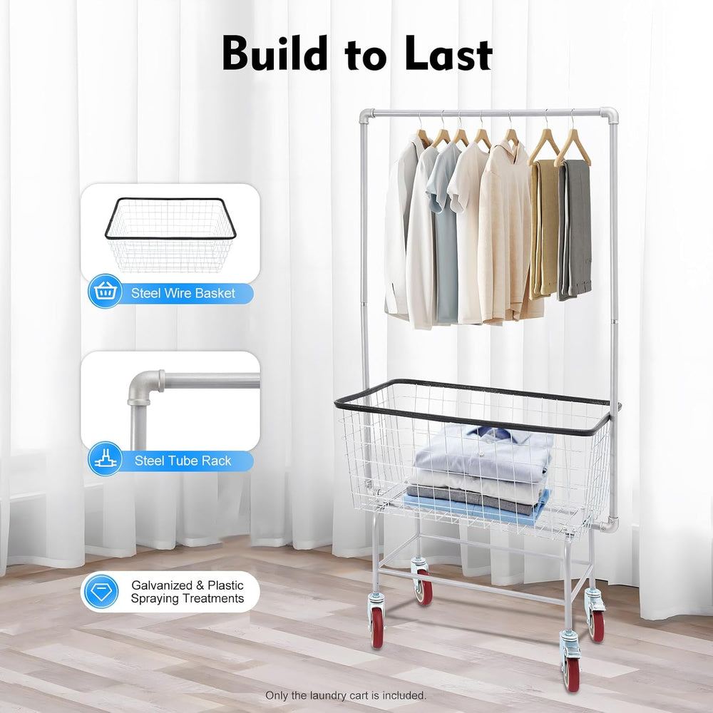 Wire Laundry Cart With Hanging Rack, 2.5 Bushel Wire Laundry Basket with Whee...
