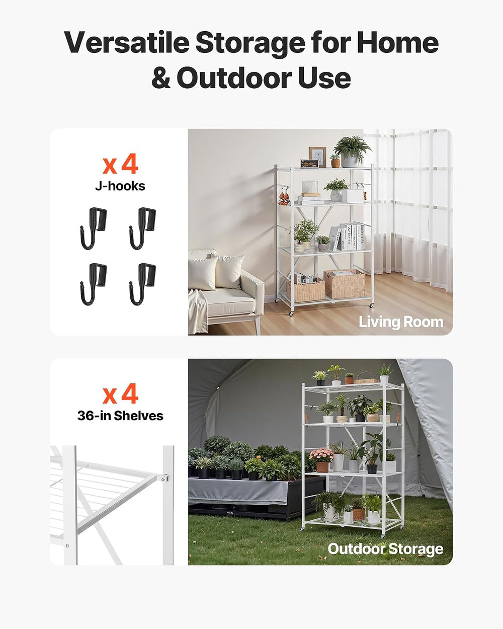 VEVOR 4-Tier Foldable Storage Shelf, 36W x 21D x 60 H Inch Folding Metal Rack...