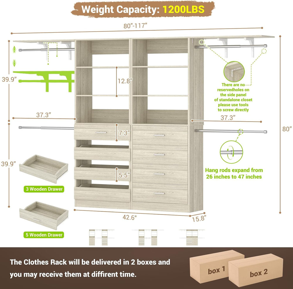 Aheaplus Closet System, Wood Closet Organizer System with 8 Drawers &4 Rods