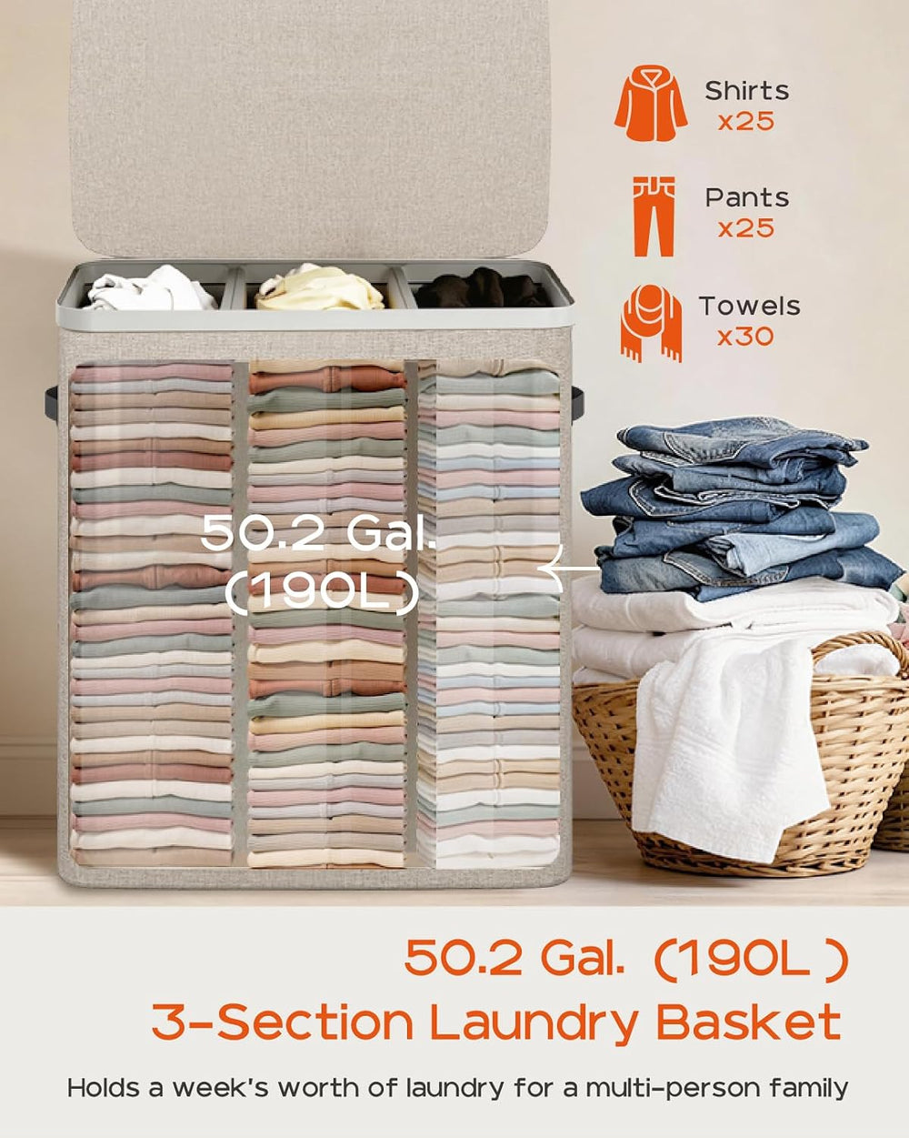 CASAMAYA Laundry Basket with Lid, Laundry Hamper 3 Section, 190L collapsible ...